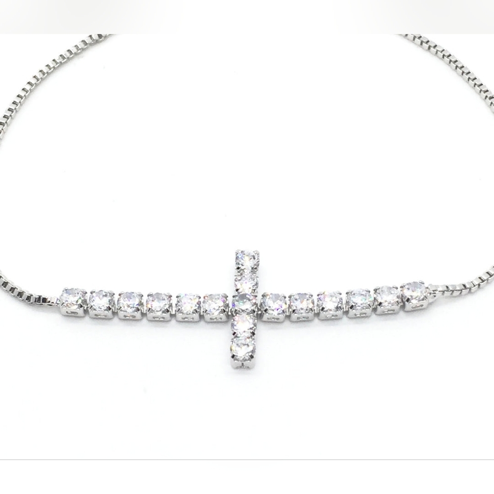 Silver Tone Box Chain Bracelet w/ 2" Cubic Zirconia Cross Pendant- NEW - Picture 2 of 3